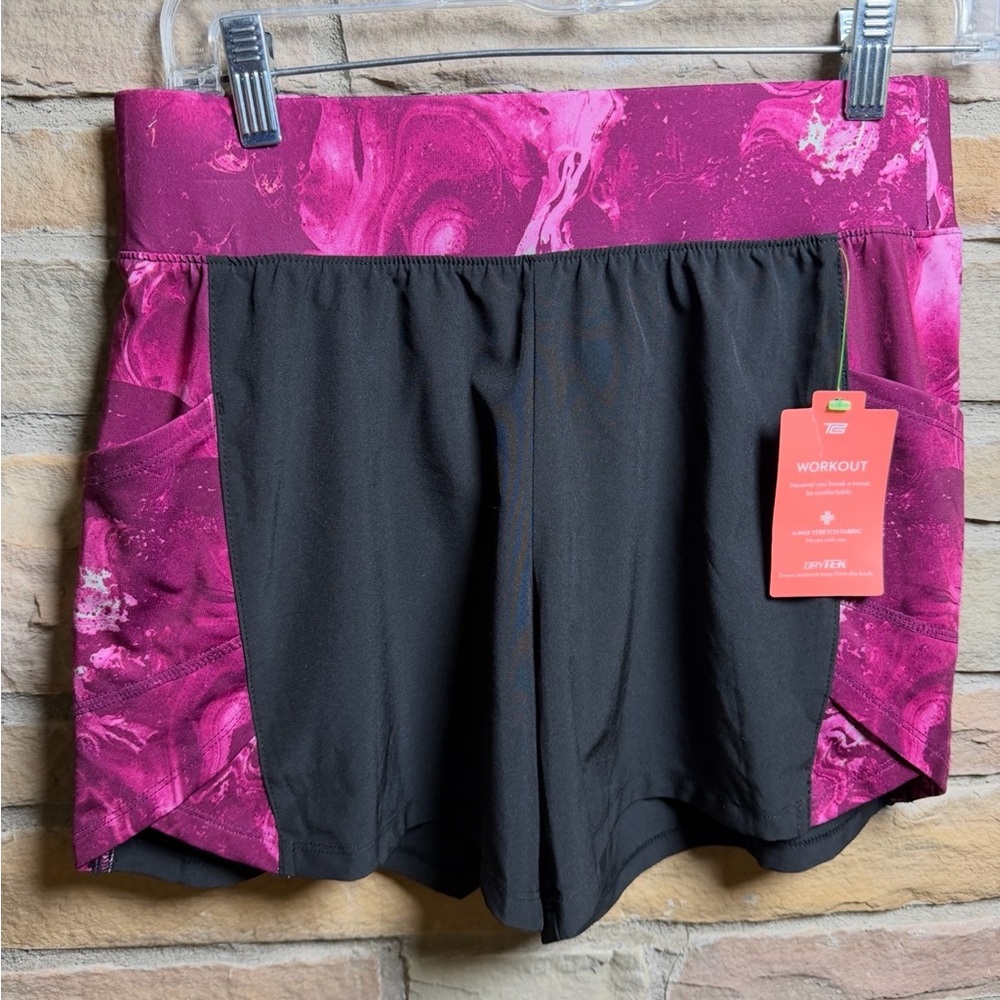 Tex Gear Tex Dry Workout Women’s Shorts - Black with Magenta Print. 2 Pockets Sm